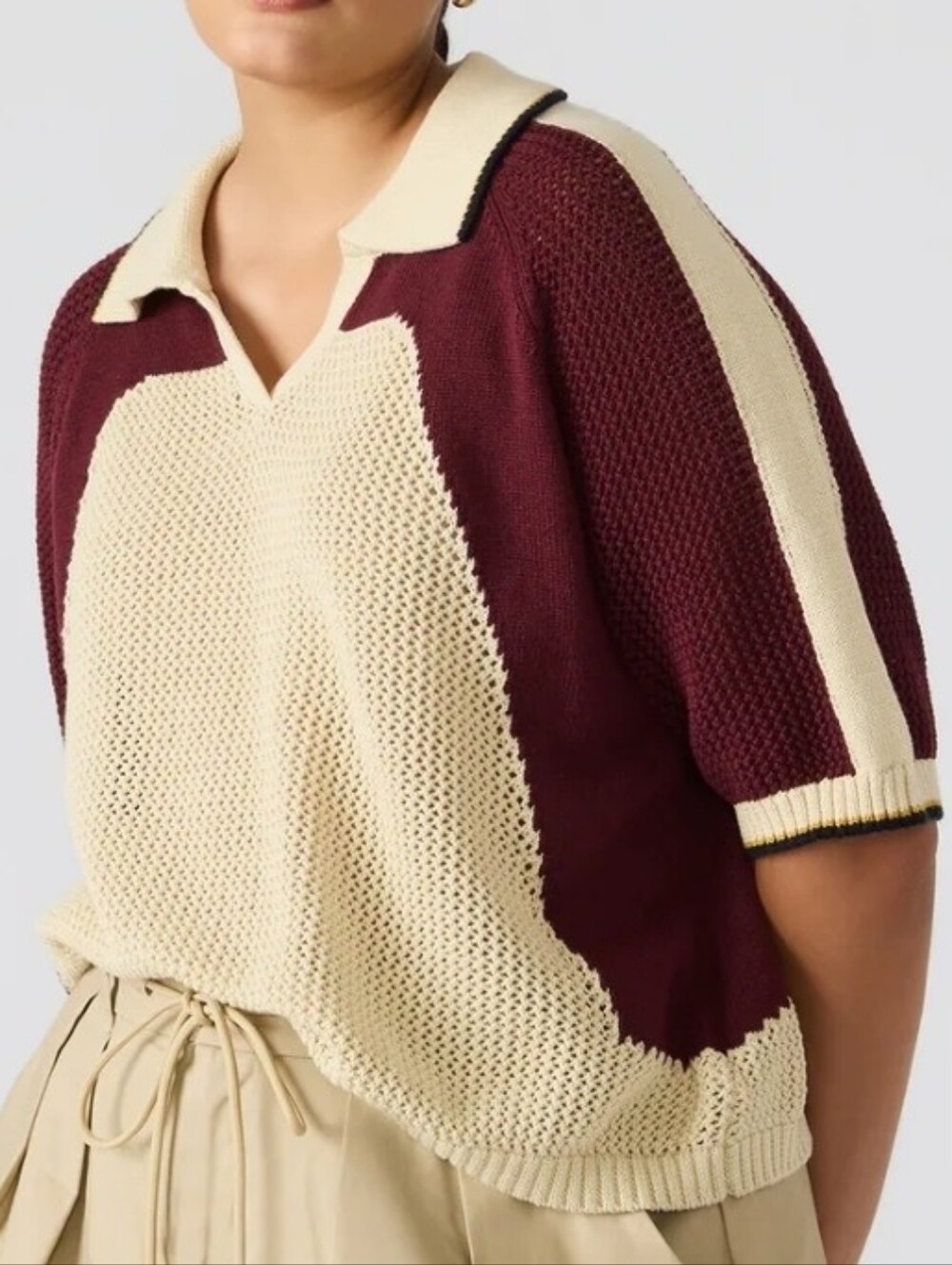 Steve Madden Axon Sweater Multi Knit Polo Sweater in Burgundy and Cream
